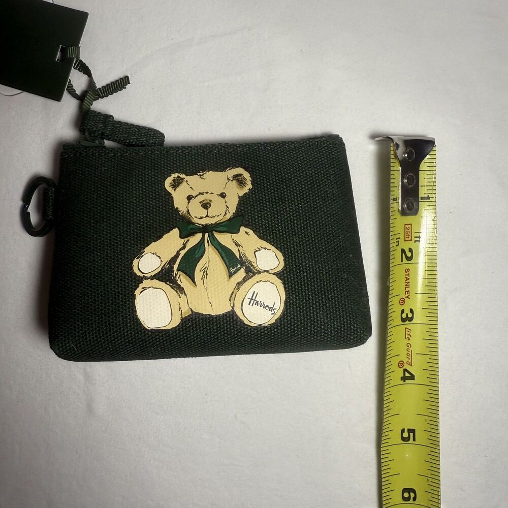 Harrods Teddy Bear Coin Purse Green Canvas Zip Mini Logo Pouch NWT - Picture 4 of 6